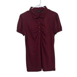 Y2K Bay Studio Maroon Ruched Puff Sleeve Collared Polo Top M